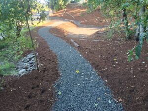 New gravel path leading through a freshly mulched area up to a newly completed dry pond basin