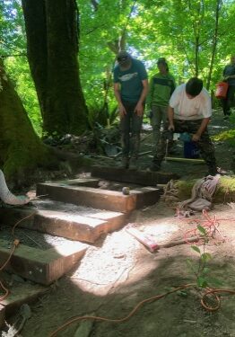 trail building team creating stairs with railroad ties