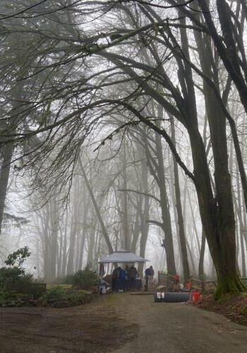 Work party booth in foggy trail